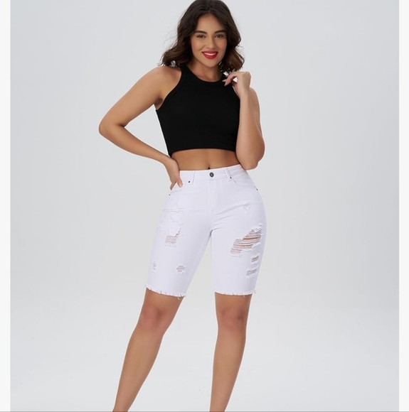 White Distressed Bermuda Denim Shorts - Picture 2 of 16